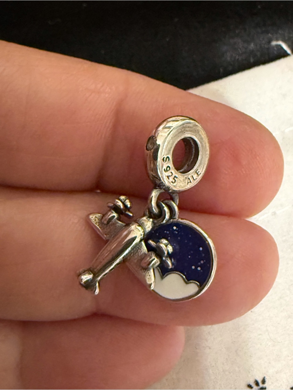 Pandora Silver Airplane Dangle Charm with Dark Blue Night Sky Enamel